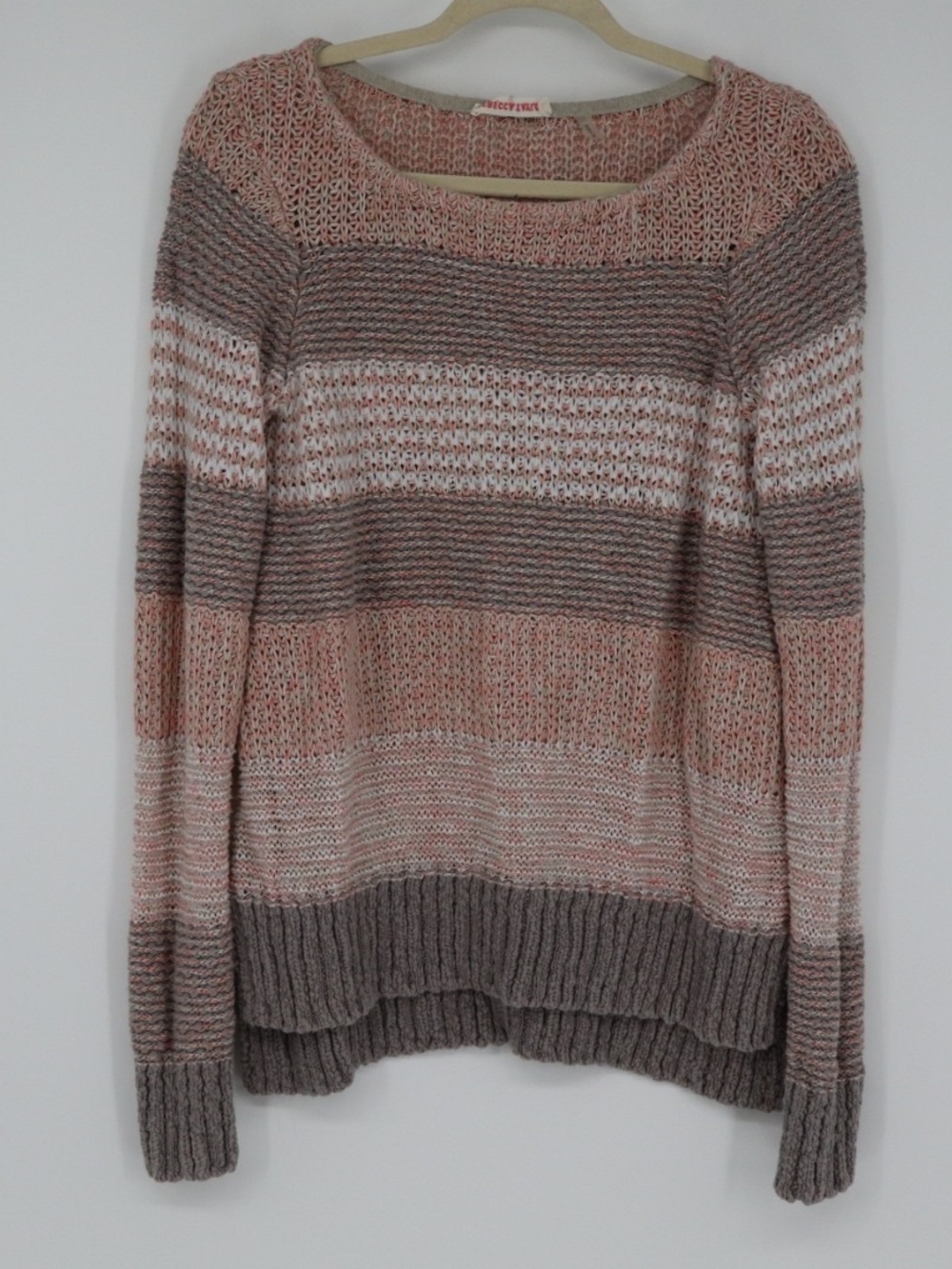 Rebecca Taylor Women's Large Striped Open Knit Sweater Pink Cotton Scoop Neck
